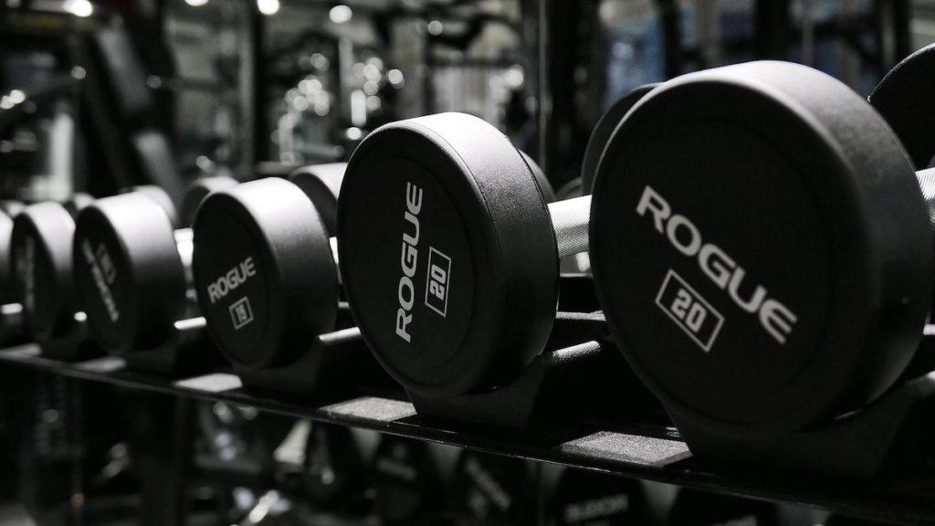 View of Rogue Fitness Urethane Dumbbells at a fitness center