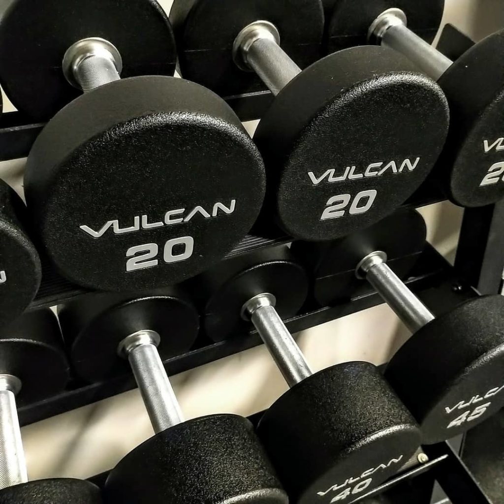 View of Vulkan Urethane dumbbells at a fitness center